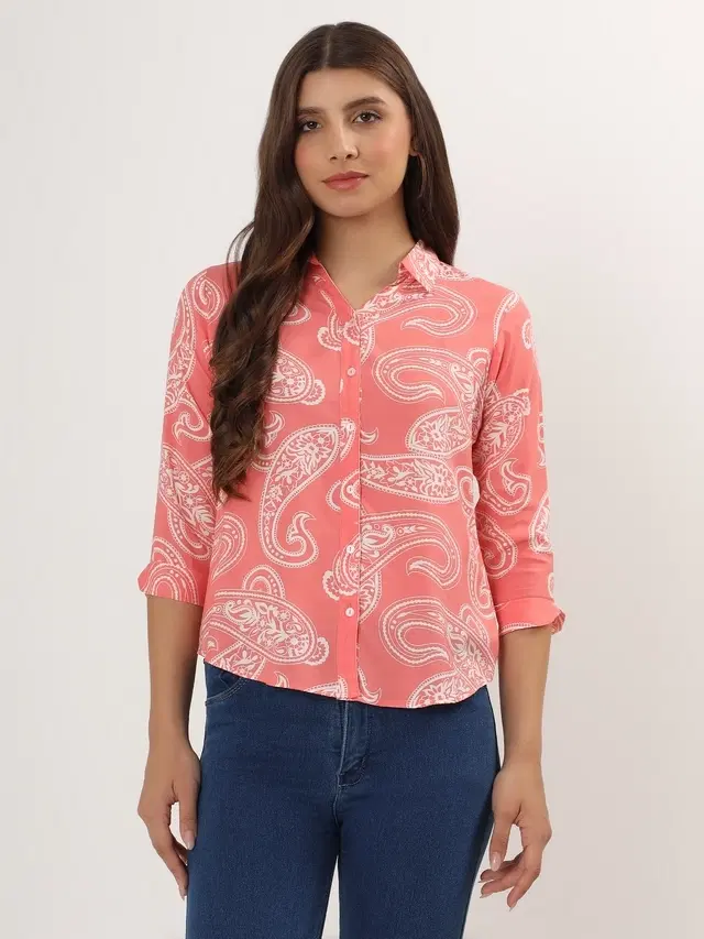 Rayon Printed Shirt for Women, Peach (L)