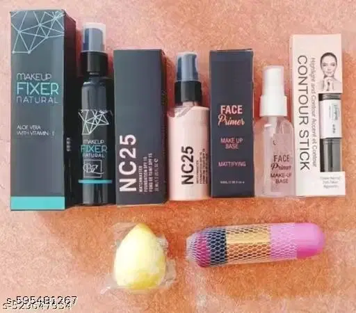 All-in-One Makeup Set: Fixer, Foundation, Primer, and Makeup brush and puff