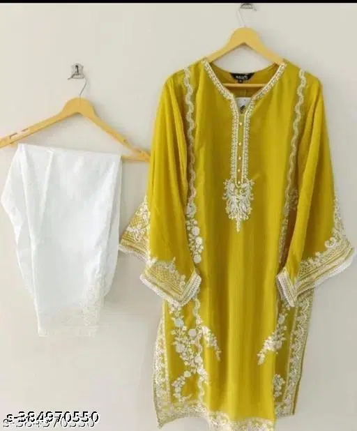Georgette Embroidered Kurta & Paint Set For Womens, Yellow (XXXL)