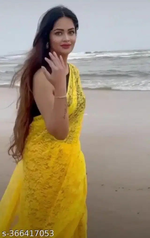 Net Saree for Women (Yellow, 6.3 m)