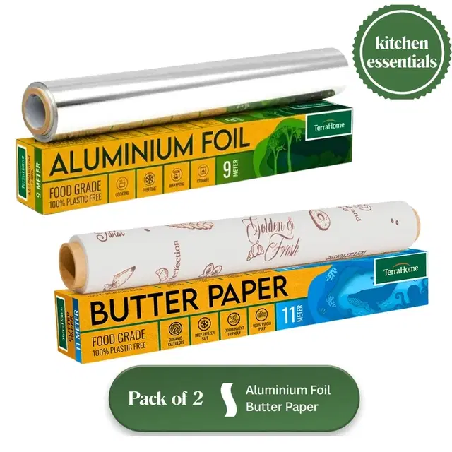TerraHome Aluminium Foil 9m and TerraHome OGR Butter Paper 11m [With in-built Cutter] [Pack of 2]