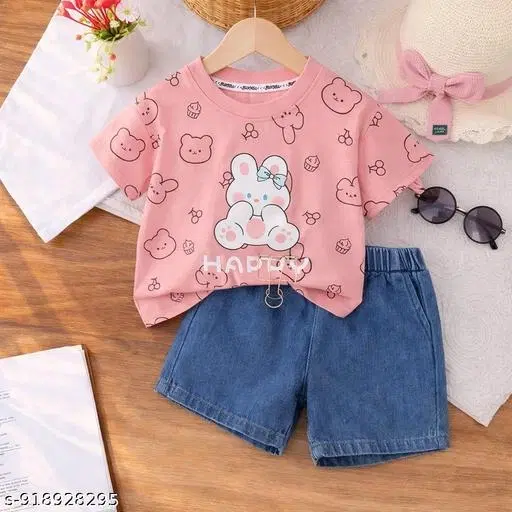 Cotton Blend Half Sleeve T-Shirt with Denim Shorts Set for Kids (Pink, 18-24 Months)
