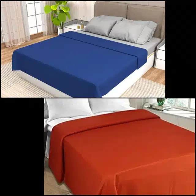 Fleece Double Bed Solid Blanket, Blue & Orange, 90x90 Inches, Pack of 2