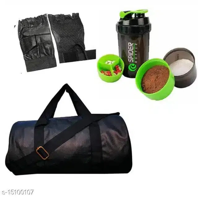 Combo of Gym Bag with Shaker Bottle, 400 ml, Gloves, Multicolor, Set of 3