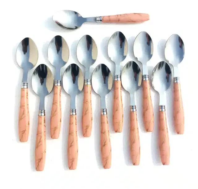 Spoon with Ceramic Handle for Kitchen, Silver, Pack of 12