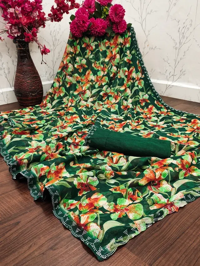 Georgette Printed Saree for Women, Green (6.3 m)