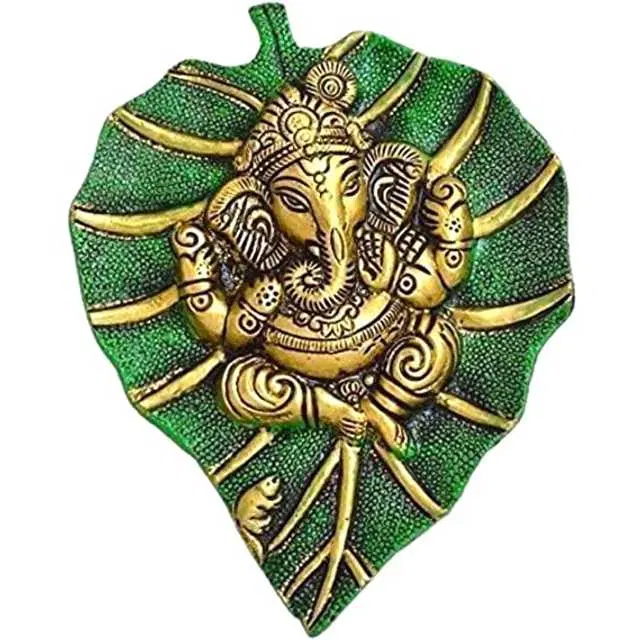Metal Leaf Ganesha Statue Showpiece For Home Decor, Pack Of 1, Green, RS-019