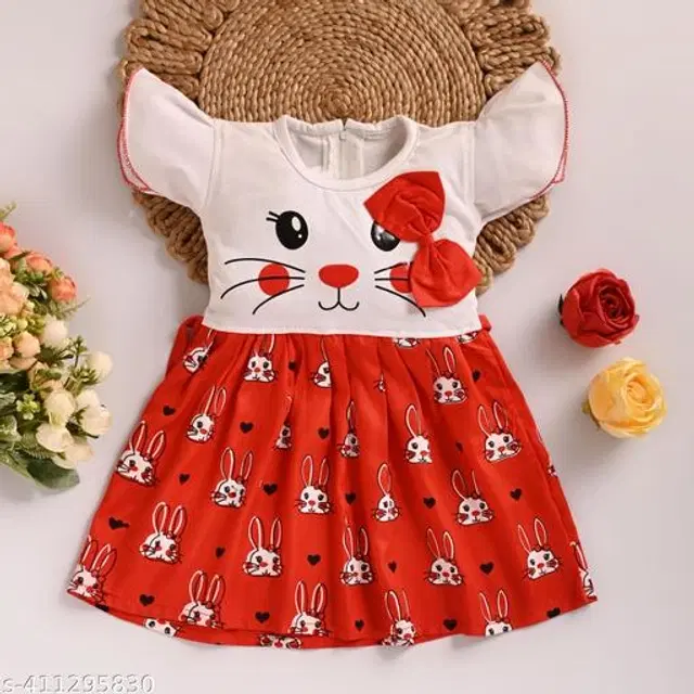 Cotton Frock for Girls (White & Red, 1-2 Years)