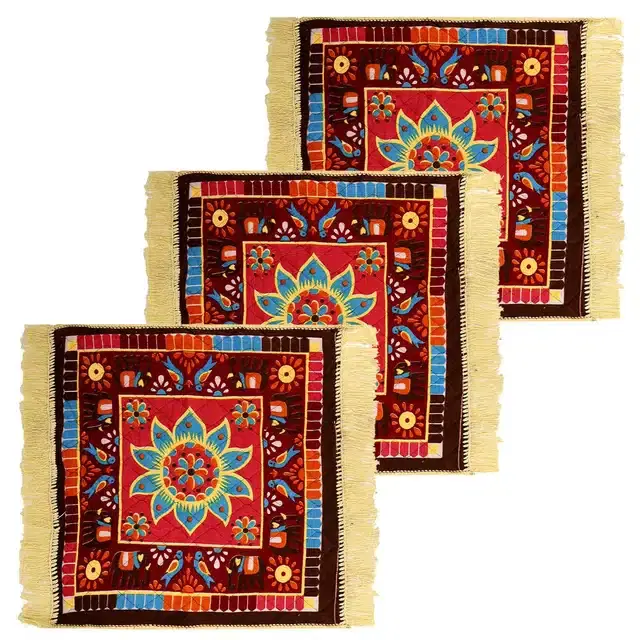 Velvet Pooja Mat for Home, Multicolor, 19x19 inches, Pack of 3