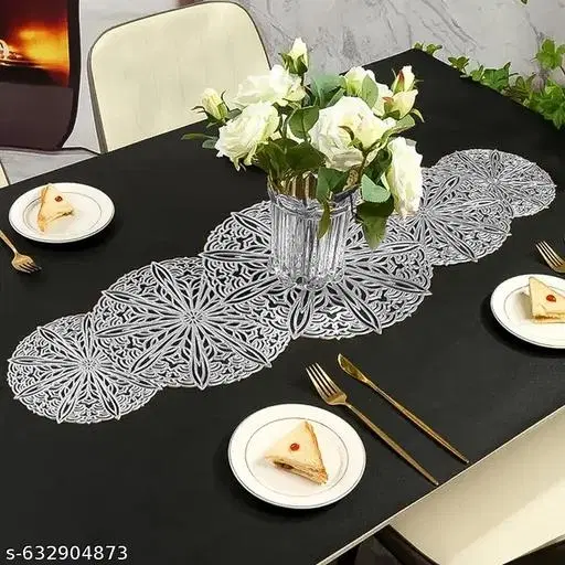 KANUSHI Industries® PVC Dining Table Runner/Center Table Runner(RK-TR-005-SILVER)
