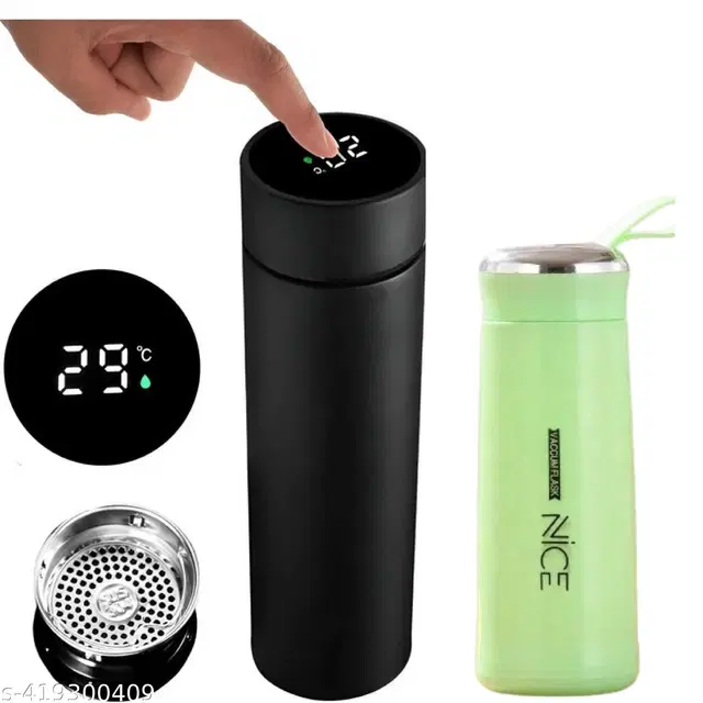 Stainless Steel LED Temperature Display Water Bottle, Black & Green, 500 ml, Pack of 2