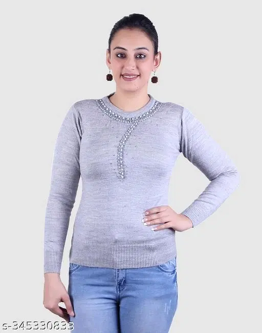 Acrylic Embellished Sweater for Women (Grey, M)