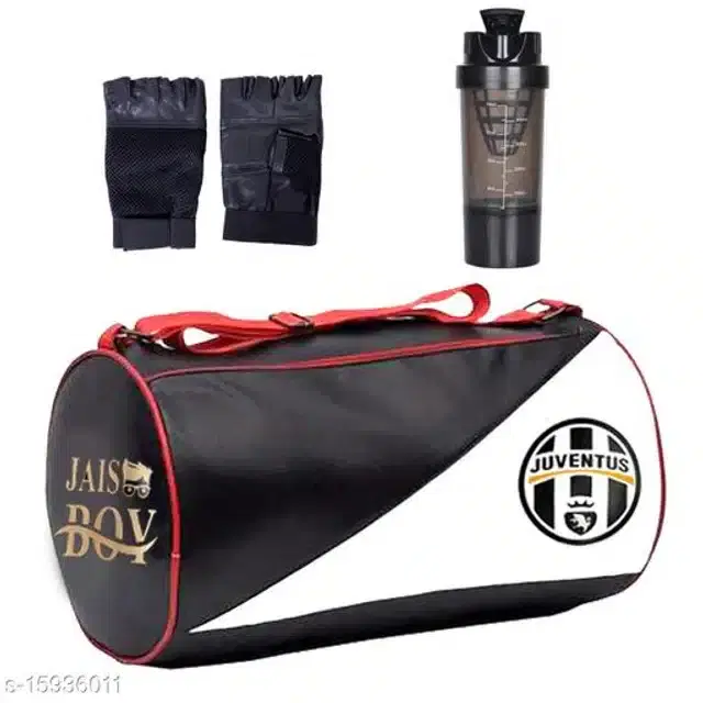 Combo of Gym Bag with Shaker Bottle, 400 ml, Gloves, Multicolor, Set of 3