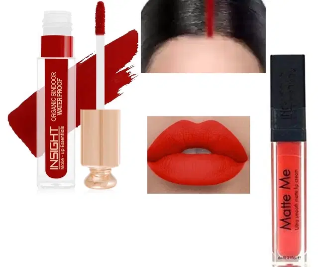 Matte Me Lip Gloss, Orange with Waterproof & Smudge Proof Liquid Sindoor, Red, Set of 2