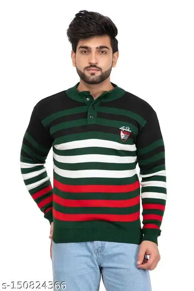 Woolen Sweater for Men (Red & Green, L)