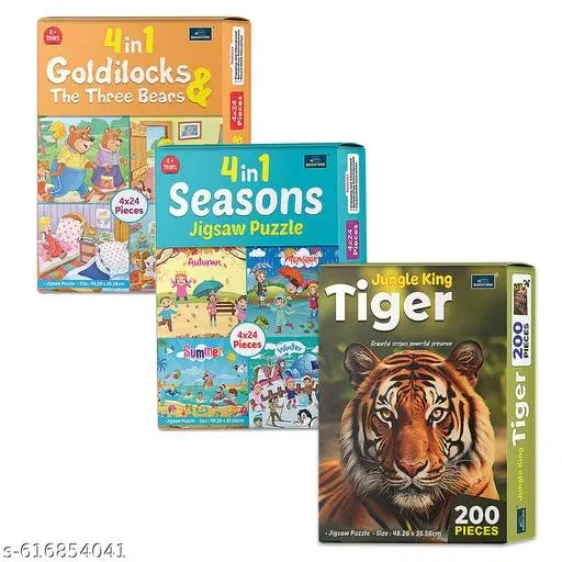 “4 In 1 Goldilocks and The Three Bears + 4 In 1 Seasons + Jungle King Tiger | Set of 3 Educational Jigsaw Puzzles for Kids – Story-Based Learning, Cognitive Skills, Brain Development, Screen-Free Fun, STEM & Early Learning Activity”