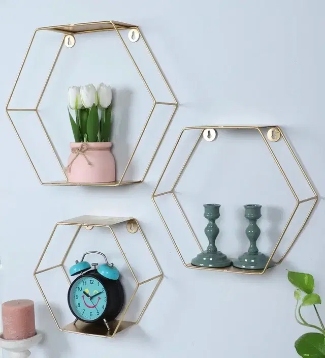 Hexagon Wall-Mounted Metal Wall Shelves In Gold Finish Set Of 3
