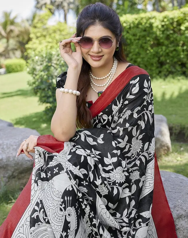 Printed Kalamkari Assam Art Silk Saree with Blouse for Women (Black, Free Size)