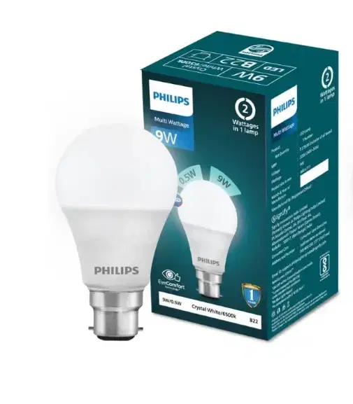 Philips Multi Wattage Led Bulb | 2 Wattages (9w, 0.5w) In 1 Led Bulb | Colour : Crystal White, Pack Of 1