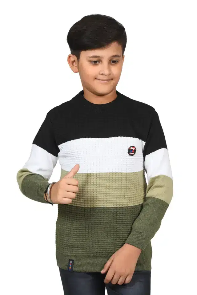 Full Sleeves Sweater for Boys (Green & White, 8-9 Year)