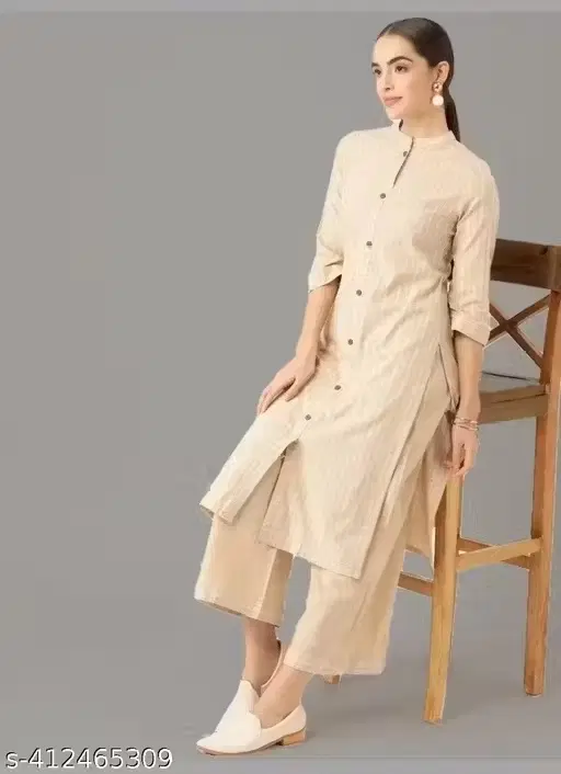 Cotton Striped Kurta With Palazzo for women, Beige (L)