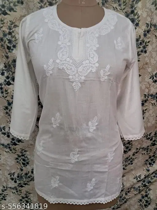 Cotton Chikankari Short Kurti for Women, White (M)