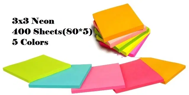 Paper Neon 80 Pcs Sticky Notes, Multicolor, 3x3 inches, Pack of 5