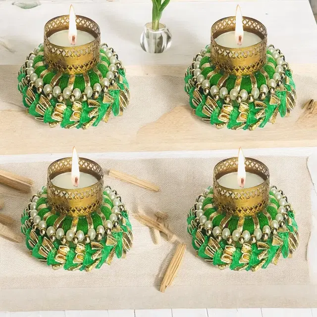 Metal Designer Tealight Candle Holder, Green, 8x8x3.5 cm, Pack of 4