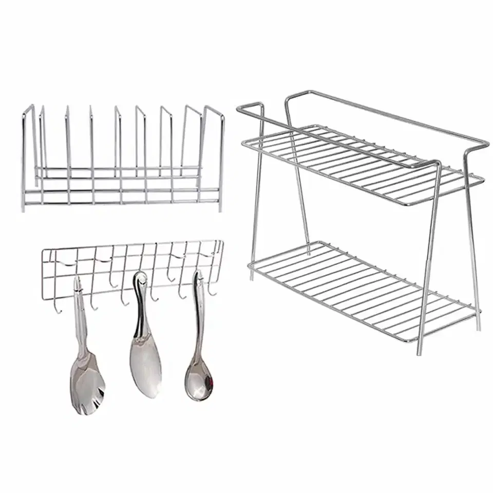 Oc9 Stainless Steel Spice Rack 2 Shelf & Plate Stand & Wall Mounted Ladle Hook Rail For Kitchen