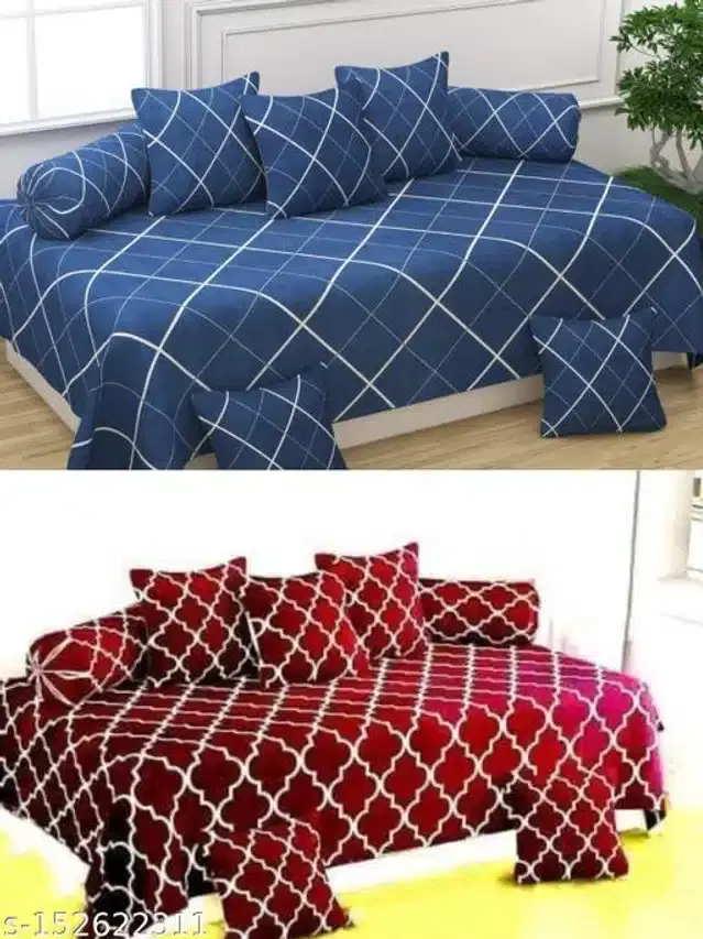 Polycotton Diwan Cover Set, Blue & Maroon, Combo of 2