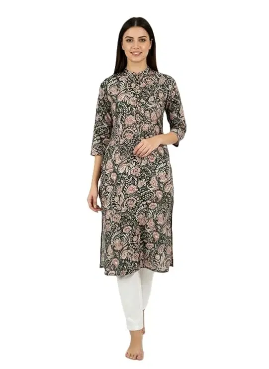 Rayon Slub Floral Kurti & Payjama Set For Women, Multicolour (L)