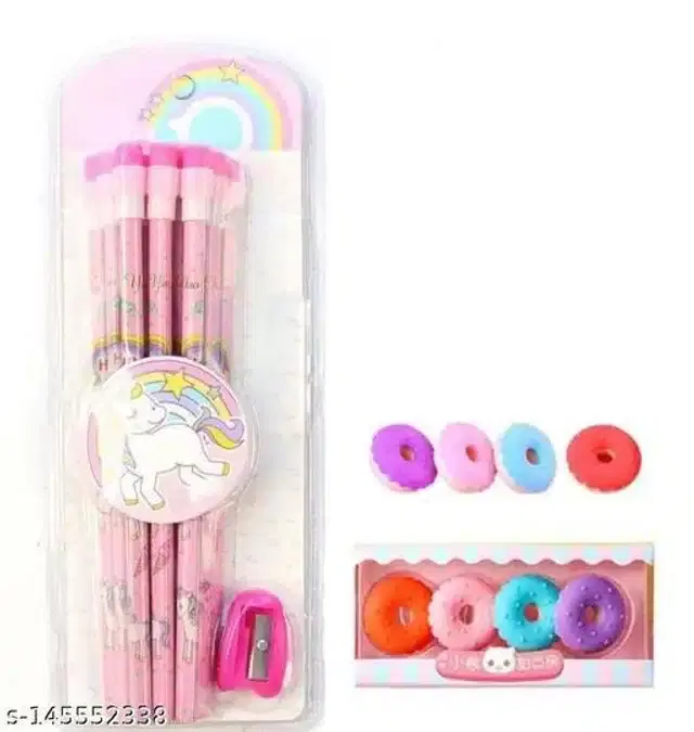 12 Pcs Wooden Pencils with Sharpener & 4 Dessert Shape Eraser, Multicolor, Set of 3