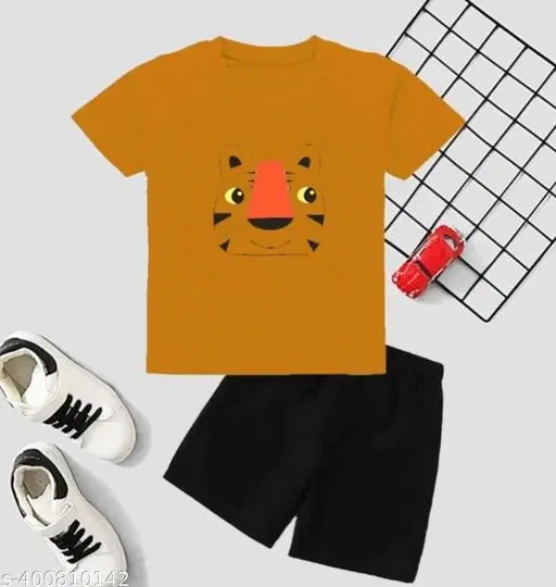 Cotton Blend Printed Clothing Set for Boys, Mustard (0-1 Months)