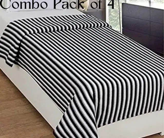 Combo Pack of 4 Striped Single Fleece Blanket for Mild Winter, Woollen Blend, Black White