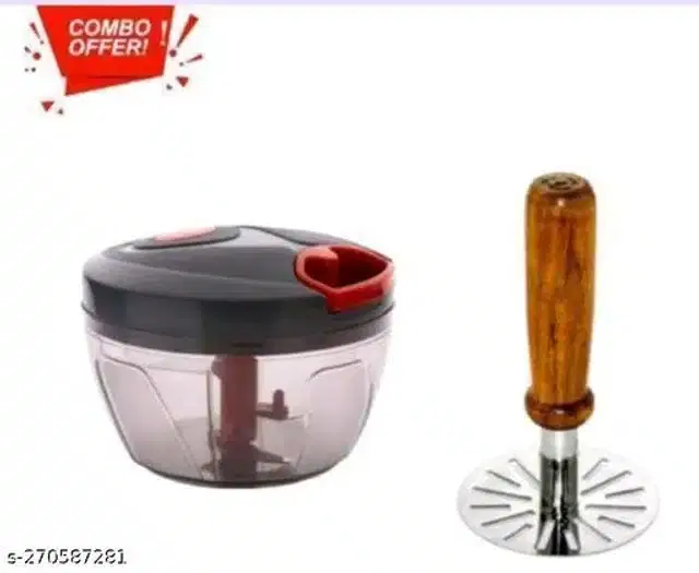 Plastic Manual Vegetables Chopper, 450 ml with Masher, Multicolor, Set of 2