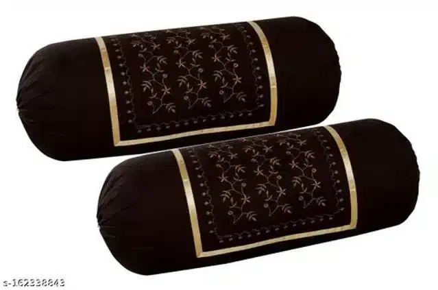 Embroidered Cotton Bolster Cover, Black, 16x20 inches, Pack of 2