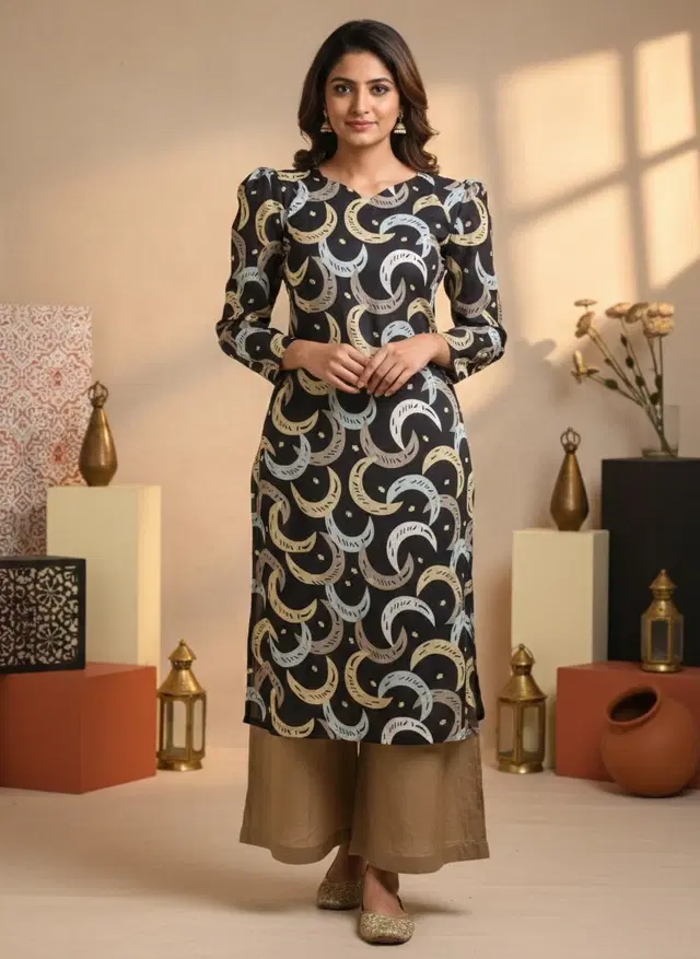 Floral Align straight kurti for Women (Black, XS)