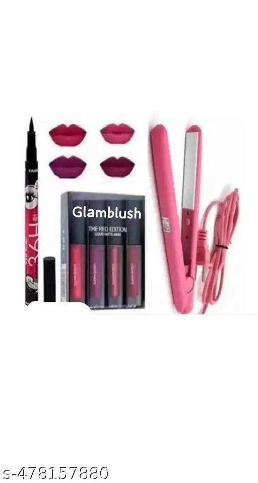 4 Pcs Liquid Lipstick with Hair Straightener & Eyeliner, Multicolor, Set of 3