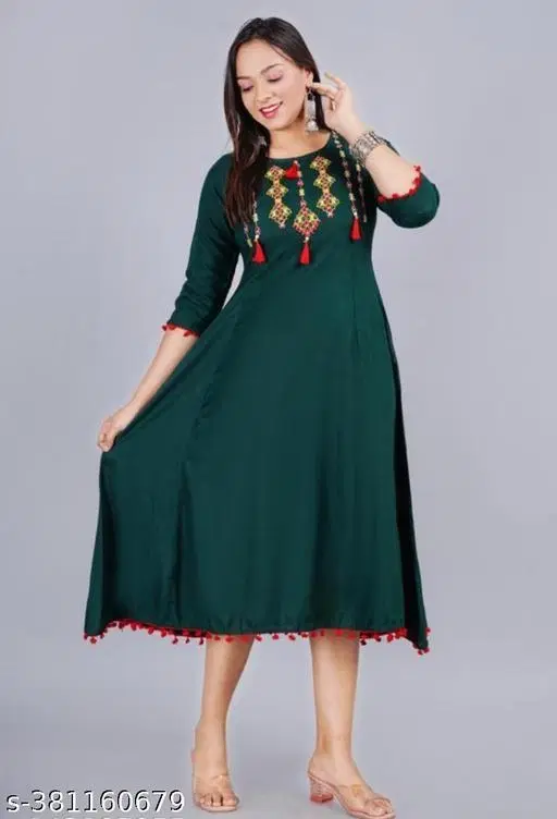Women Embroidered Rayon Anarkali Kurta, Green (XXXL)