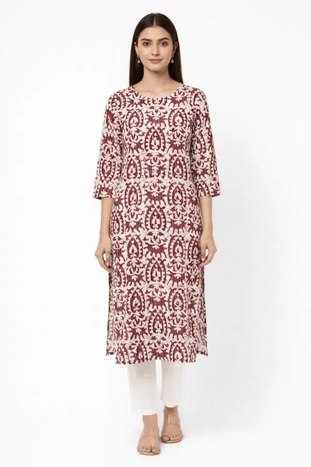 Cotton Blend Printed Kurti for Women, Maroon (L)