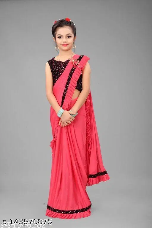 Lycra Saree for Girls, Pink (4-5 Years)