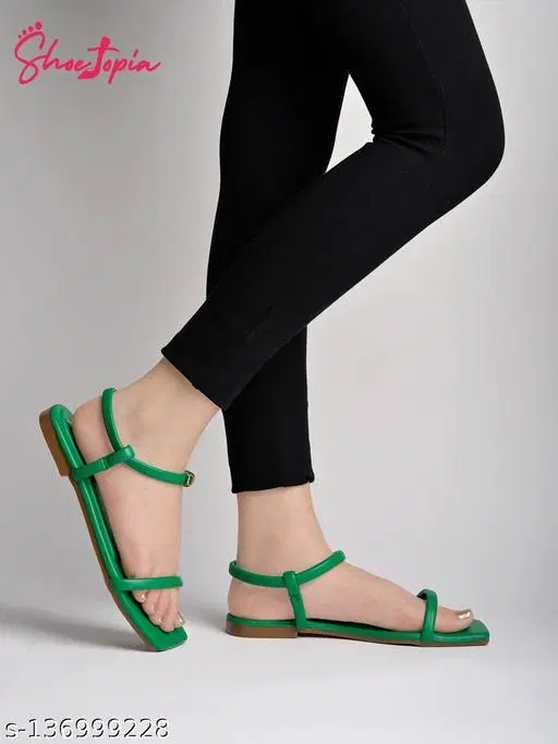 Solid Synthetic One-Toe Flats for Women (Green, IND-7)