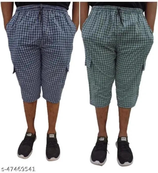 Cotton Three Fourths for Mens, Pack of 2 (Blue & Green, 32)