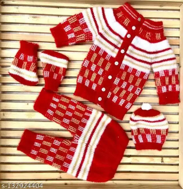 Woolen Sweater with Pajama & Cap with Socks Set for Newborn Baby, Set of 1 (Red & White, 0-6 Months)