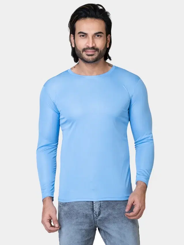 Cotton Blend Round Neck T-shirt for Men, Sky Blue (L)