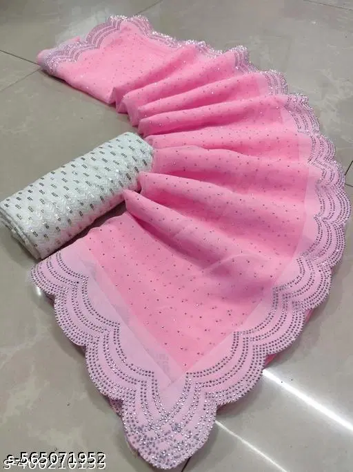 Georgette Solid Saree For Women, Pink