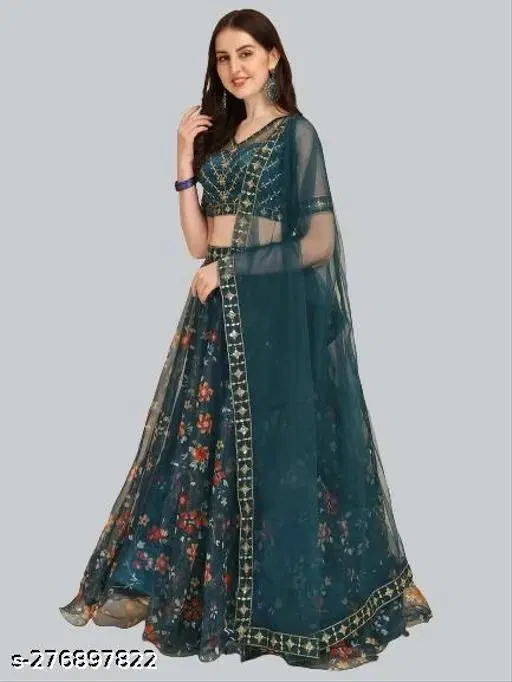 Lehenga Choli for Women (Rama, Semi Stitched)