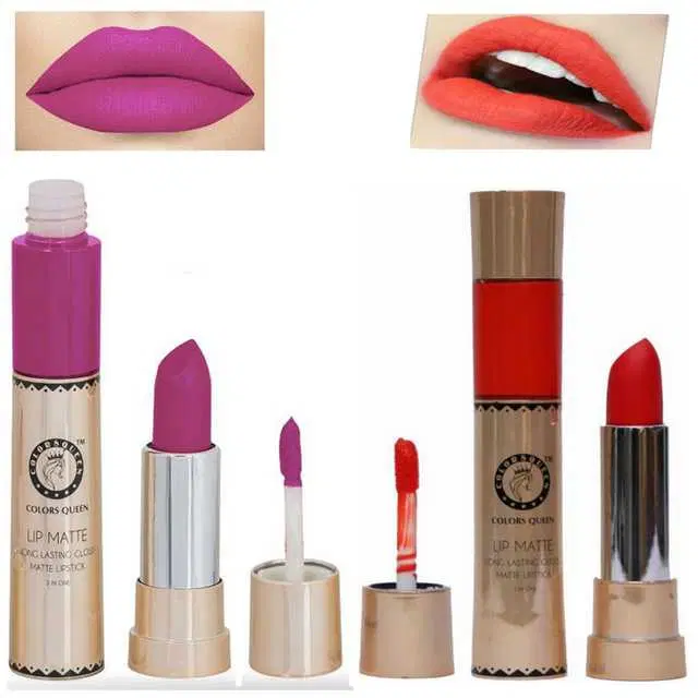 Combo of 1 Colors Queen Lip Matte Magenta 2 In 1 24 Hour Long Lasting Gloss And Matte Lipstick, 6&2 g & 1 Colors Queen Lip Matte Orange 2 In 1 24 Hour Long Lasting Gloss And Matte Lipstick, 6&2 g, R895