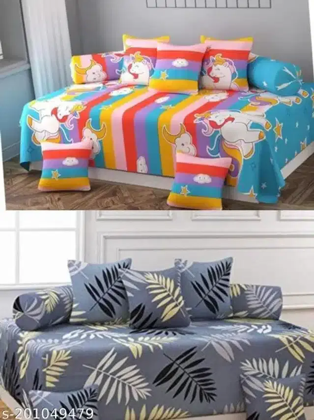 Polycotton Diwan Cover Set, Multicolor, Combo of 2