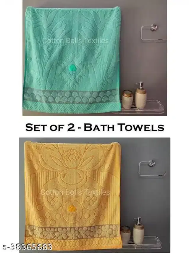 Cotton Bath Towels, Sea Green & Yellow, 30x60 cm, Pack of 2